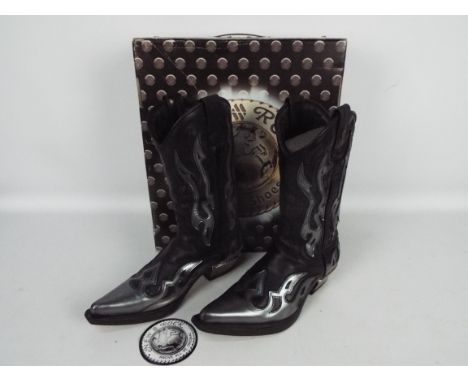 New Rock cowboy boots - a pair of black leather boots with silvered flame decoration, # M.7921-S3, EU size 41, UK size 7, app