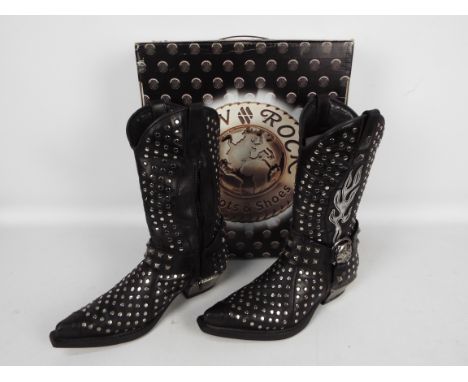 New Rock cowboy boots - a pair of black leather boots with studded decoration, # M.7928-S1, EU size 41, UK size 7, appears in