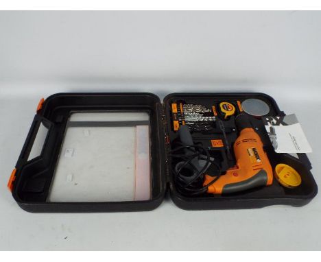 A worx drill kit in box with tape drill bits and drill handle.