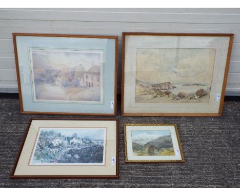 Two framed watercolour landscape scenes one signed lower right N F Sharman, the other F R Burgess, a limited edition print af