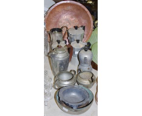 Metalware - a Howard pewter coffee pot, creamer and sucrier; Crosinallo coffee percolators; pewter dish; plated water jug; co