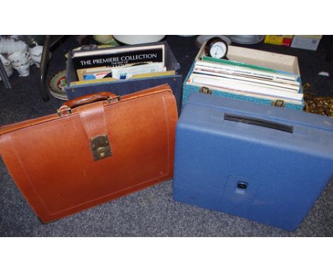 A brown leather suitcase; a Chinese silk picutre; a Bakelite desk thermometer; a cased sewing machine; two cases of vinyl rec