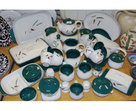 Denby Greenwheat dinner and tea ware, including tea pots, cups, saucers, tureem, gravy boat, vegetable dishes, many signed A 