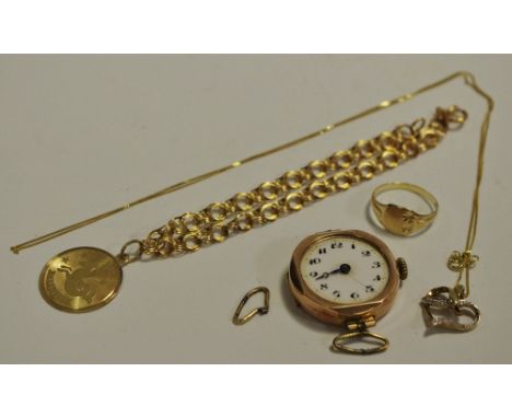 A 9ct gold micro curb necklace and heart pendant; a 9ct gold lady's  signet ring 2.5g gross; a 9ct gold lady's watch 12.6g gr