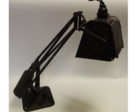 A Horstmann Pluslite magnifying angle poise desk lamp, with cantilever weight, base 15cm square, 47cm high approx., Circa 196