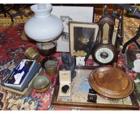 Boxes &amp; objects - an Aladdin 23 brass oil lamp , white glass shade; a mahogany two handled tray the base an embroidery de