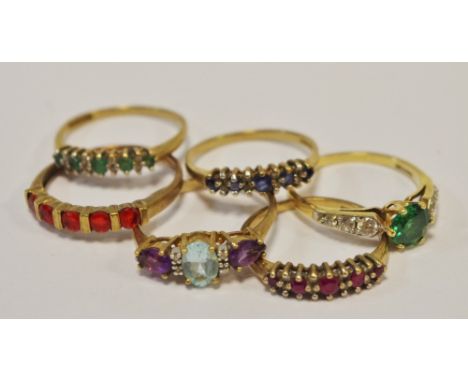 Rings - a 9ct gold multi stone dress ring; others, assorted, 13.8g gross (6)