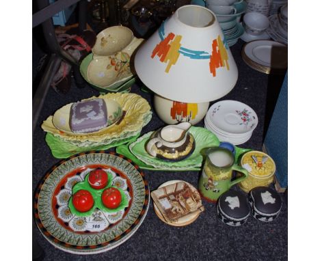 Ceramics - an Art Deco ovoid table lamp; salad leaf dishes; tomato cruet set; Royal Doulton; Wedgwood Jasperware; Newhall pin