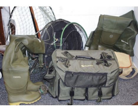 Fishing - a pair of Dunlop waders, another pair; landing nets; a large Wychwood tackle bag with contents, others, including r