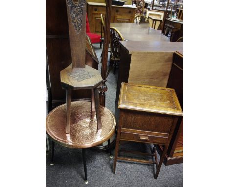 An early 20th century oak spinning chair; early/mid 20th century sewing box; Edwardian hall chairs; early 20th century standa