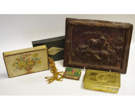 A box R Bell wax vesta's, with contents; a bronze plaque, sheep and lambs; a Princess Mary Christmas 1914; a cloisonné matchb