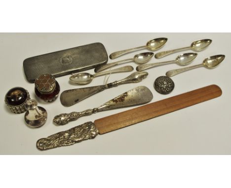 A set of six silver spoons chased and engraved handles, Christian Ker Reid, Newcastle, George III, 83g; a silver pepperette, 