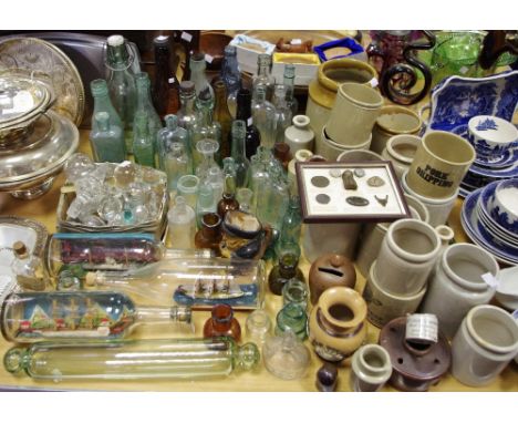 Salvage - various 19th century and some later bottle finds including inkwells, apothecary, ship in a bottle, others; decanter