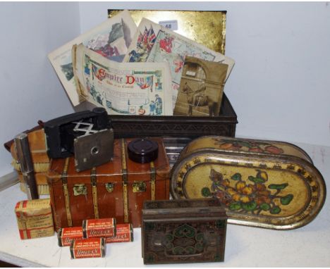 Boxes and Objects - UNIVEX AF-4 folding miniature camera; a Huntley &amp; Palmer biscuit tin decorated in relief with flowers