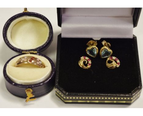 A pair of 9ct gold ruby and diamond earrings; a 9ct rose gold garnet and opal ring, size 0 and a half; a pair of 9ct gold blu