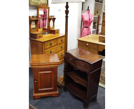 A mahogany standard lamp; serpentine hall unit; reproduction bedside cabinet (3) 