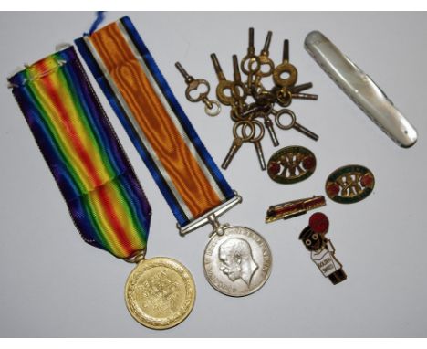 A WWI George V silver medal and Victory medal awarded to 78485 PTE. D.Wild DURH.L.I; various pocket watch winding keys; a mot