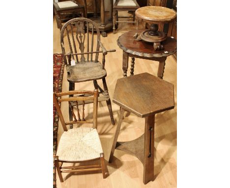 A Victorian mahogany miniature centre table, moulded circular top, turned pillar and draught-turned base, scroll feet; An Art