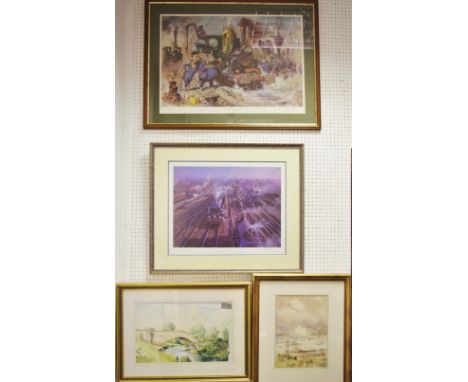 Prints - Sir Terence Cuneo, by and after, The Running Sheds of the Great Caerphilly and Vole-tail Central Railway, signed and