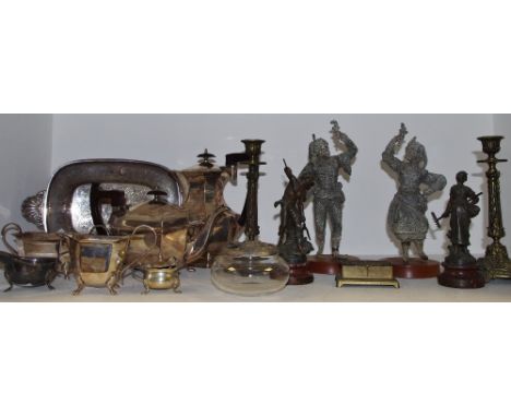 An EPNS four piece octagonal tea service; a pair of French spelter figures, Moissonneur and Maissonneuse; a pair of brass neo