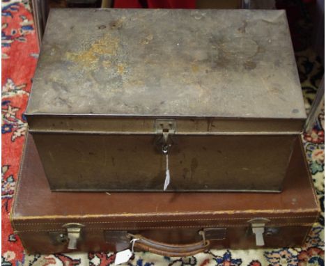 Vintage luggage - a suitcase and similar valise, a tin deed type box (3)
