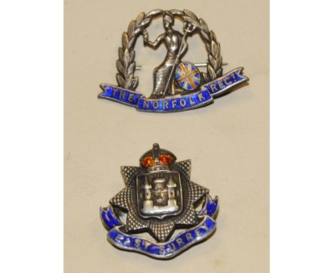 Militaria - silver and enamel, Norfolk Regiment and East Surrey brooch