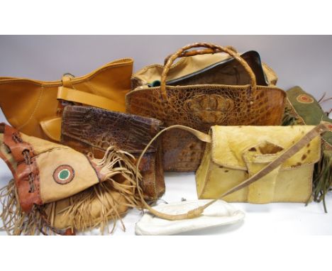 Vintage fashion - a crocodile skin handbag; another, smaller; others, leather, hide, suede, etc
