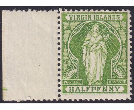 STAMPS BRITISH VIRGIN 1899 QV 1/2d yellow-green, "HALFPFENNY" error, very lightly mounted mint with left salvage, SG 43a. Cat