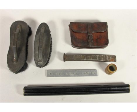 A box of 5 L.N.E.R sundry items to include, two shoe brushes, leather pouch, chisel, shannon ruler, all stamped L.N.E.R and t