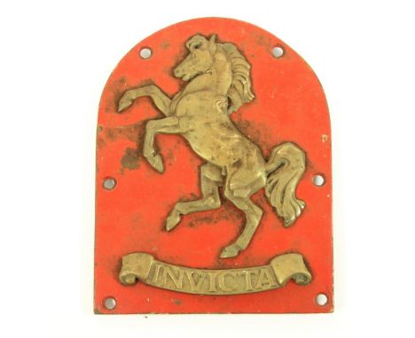 An Aveling &amp; Porter steam engine brass horse mounted on steel plaque with cast brass Invicta below, 20 x 16 cm 