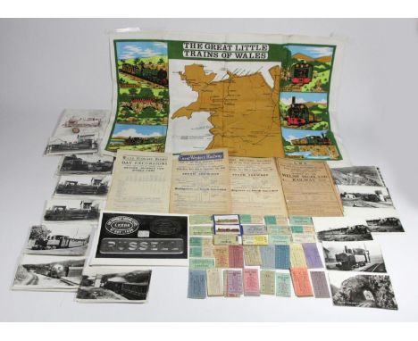 A box of sundry items to include, Welsh Highland Railway ticket stubs, photo, a tile of Locomotive No.11 'Moel Tryfan' 0-6-4 