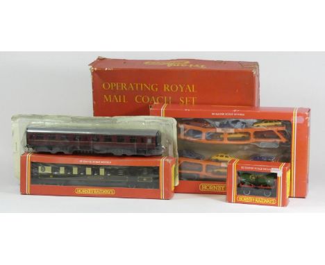 A collection of Tri-Ang and Hornby OO gauge models to include, Operating Royal Mail Coach set (R23), Castrol Tank Wagon (R.12