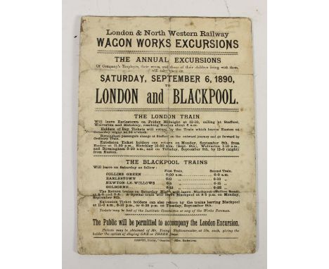 A small original cardboard backed L.N.W.R poster advertising Company's Wagon Work Staff excursions to London and Blackpool on