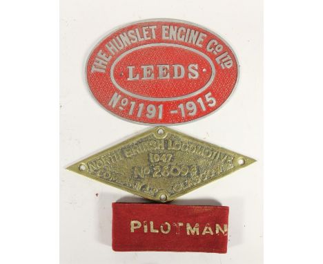 A 'Pilotman' cloth armband together with two replica workplates, a brass diamond North British Locomotive Co.Ltd Glasgow (260