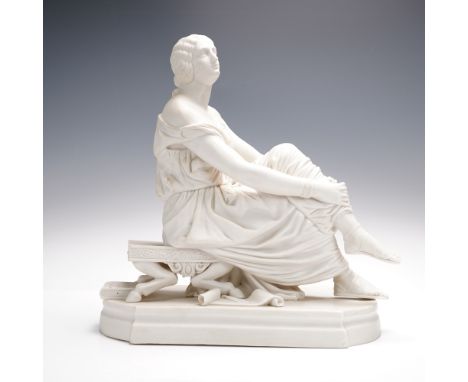 Elegant 19th century-style Continental white bisque porcelain sculpture depicting a classical female figure seated in repose 