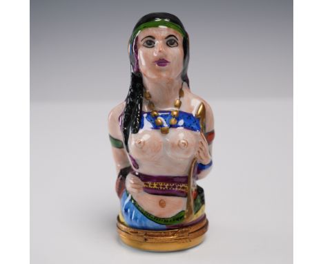 Bold hand-painted porcelain trinket box by Limoges France, sculpted as a colorful bust of a woman adorned with gold beaded je
