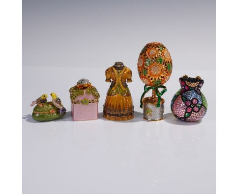 A whimsical collection of five figural jeweled ring or treasure boxes featuring intricate hand-applied enamel and rhinestone 