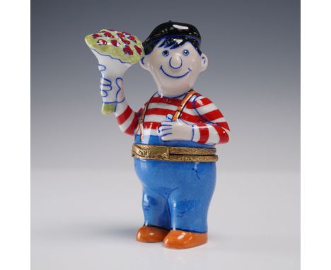 This delightful hand-painted Limoges porcelain ring box features a cheerful Parisian boy named Louis, dressed in a red-stripe