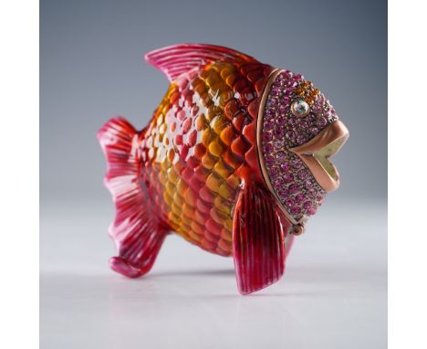 Celebrate color, whimsy, and craftsmanship with this exquisite Rucinni "Happy Fish" trinket box, resplendent in radiant ename