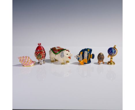 Charming assortment of five enameled hinged trinket boxes accompanied by a miniature decorative globe. Each box features vibr
