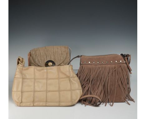 Group of three assorted designer and contemporary handbags. The first item is a tan-colored textured purse attributed to Grac
