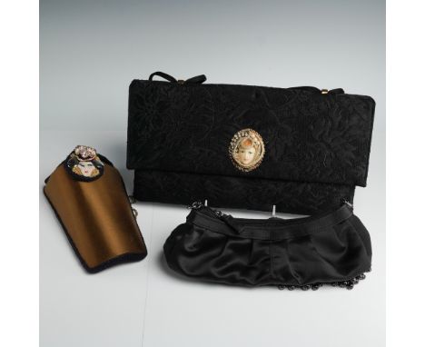 Set of three vintage fabric evening purses featuring various decorative embellishments. The collection includes a black envel