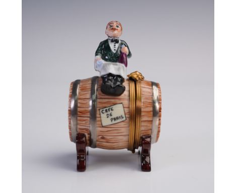 Finely crafted French porcelain trinket box by Sinclair Limoges, France, depicting a waiter seated atop a wine barrel labeled