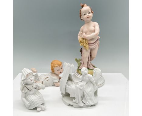 A diverse collection of four porcelain figurines featuring a mix of bisque and glazed finishes. The set includes a large bisq
