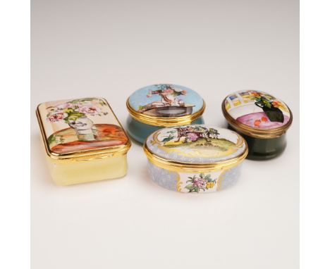A charming group of four Halcyon Days enamel treasures, each meticulously hand-painted and trimmed with gilt metal mounts. Th