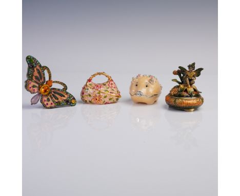 A charming collection of four hand-painted enamel trinket boxes, each adorned with colorful rhinestones and whimsical detail.