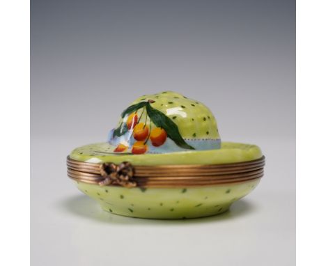 Charming hand-painted Limoges porcelain trinket box in the form of a speckled hat, adorned with a cluster of fruits with gree