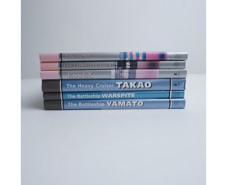A collection of six hardcover books focusing on historical warships, including The Heavy Cruiser Takao, The Battleship Yamato