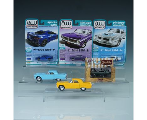 A vibrant 6 piece collection of 1:36 and 1:64 scale die-cast cars featuring models from Kinsmart, M2 Machines and Auto Word. 