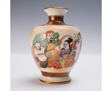 Antique Japanese Satsuma pottery vase, finely decorated with traditional figural motifs in polychrome enamel and gold accents